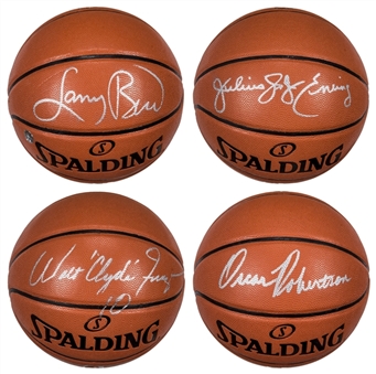 Lot of (4) Hall Of Famers & Legends Signed Basketballs: Frazier, Robertson, Erving & Bird (PSA/DNA, JSA & Fanatics)